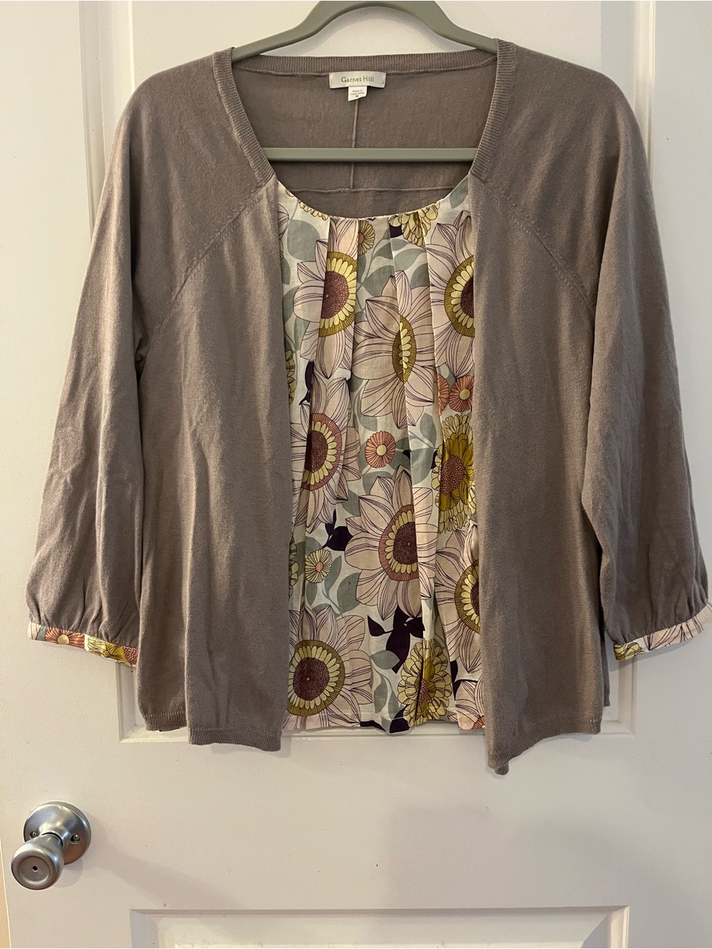 Garnet Hill Taupe Layered Cardigan with Floral Panel